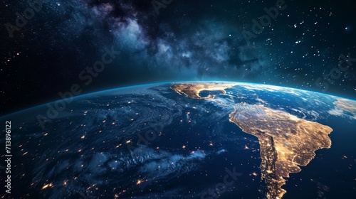 Top view of a night planet Earth with glowing city lights. America