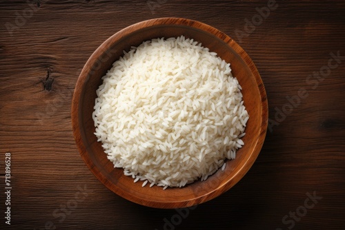 Top view of rice on wooden plate