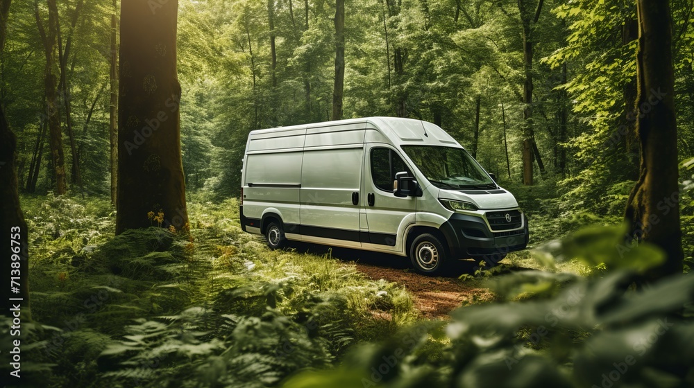 Modern delivery van driving through beautiful summer forest landscape on sunny day