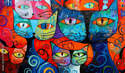 Funny cats, pattern abstract painting, banner