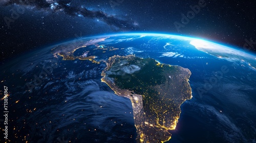 Top view of a night planet Earth with glowing city lights. America
