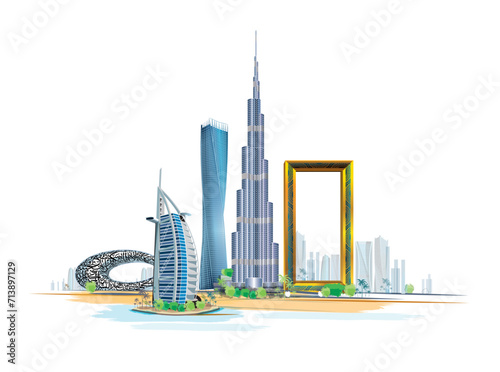 illustration of Dubai city and its Famous landmarks vector illustration