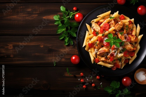 Italian pasta dish with chicken and vegetables on wooden table Top view with blank area