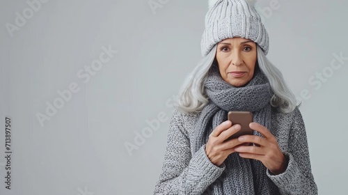 Mature woman using smartphone with copy space, middle aged female customer holding mobile device