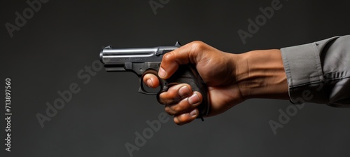 Hand gripping gun against defocused gray background with space for text placement