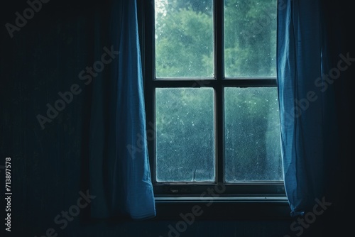A window with blue curtains