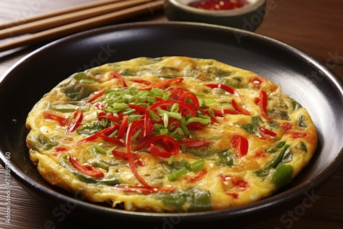South Korean dish, Oyster Jeon, with red peppers, close-up view.
