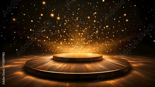 Empty stage with sparkling lights and golden bokeh, suitable for product display and presentations.