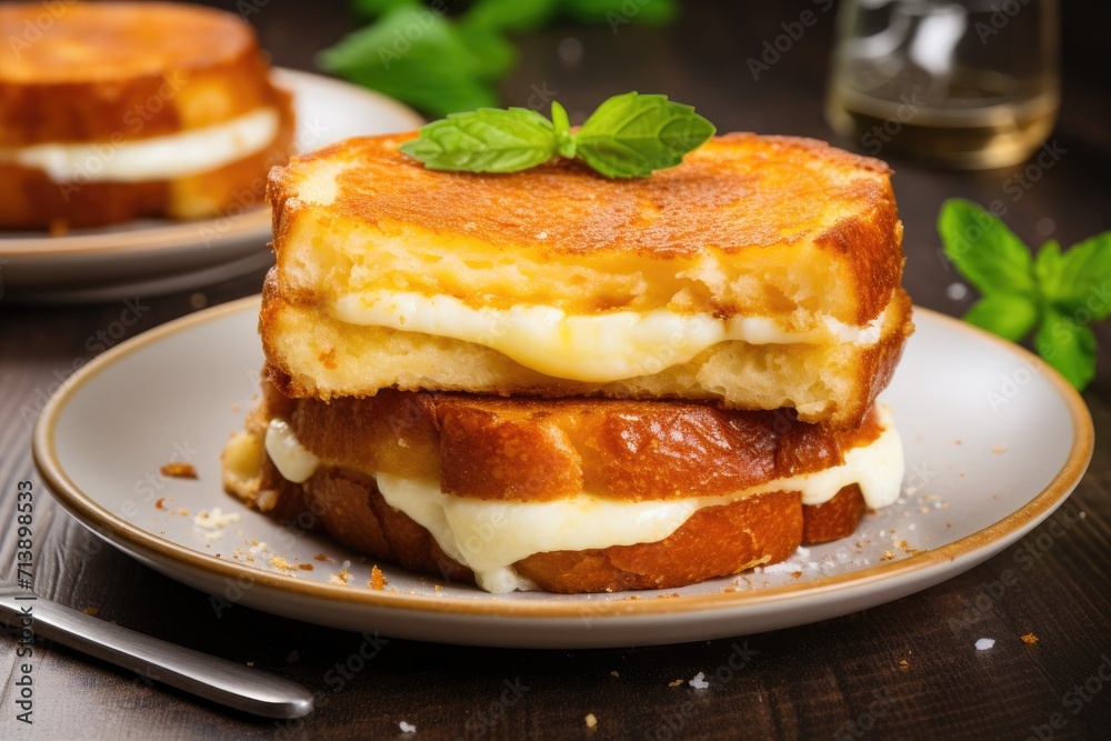Closeup of golden grilled cheese sandwiches with mozzarella on a plate horizontally on a table Closeup of golden grilled cheese sandwiches with mozzarella on a plate horizontally on a table
