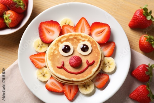 Funny kids' meal of animal-shaped pancake topped with strawberry and fruit, served on a plate. Creative breakfast idea captured in a flat lay photograph.