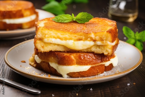 Closeup of golden grilled cheese sandwiches with mozzarella on a plate horizontally on a table photo