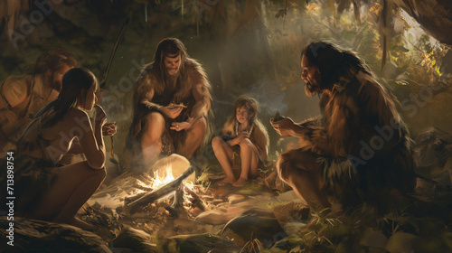 Ancient Connections: A Hunter Gatherers Neanderthal Family Gathers, Celebrating Unity and Strength in the Heart of Their Prehistoric Community