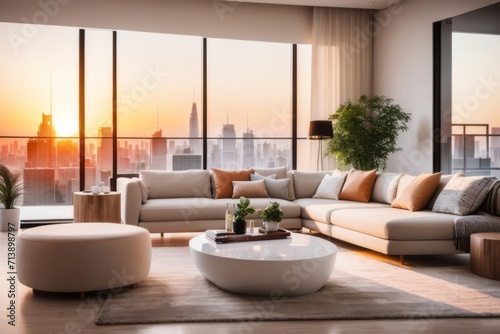 Interior home design of modern living room with chic round sofa and table at sunset over the big city