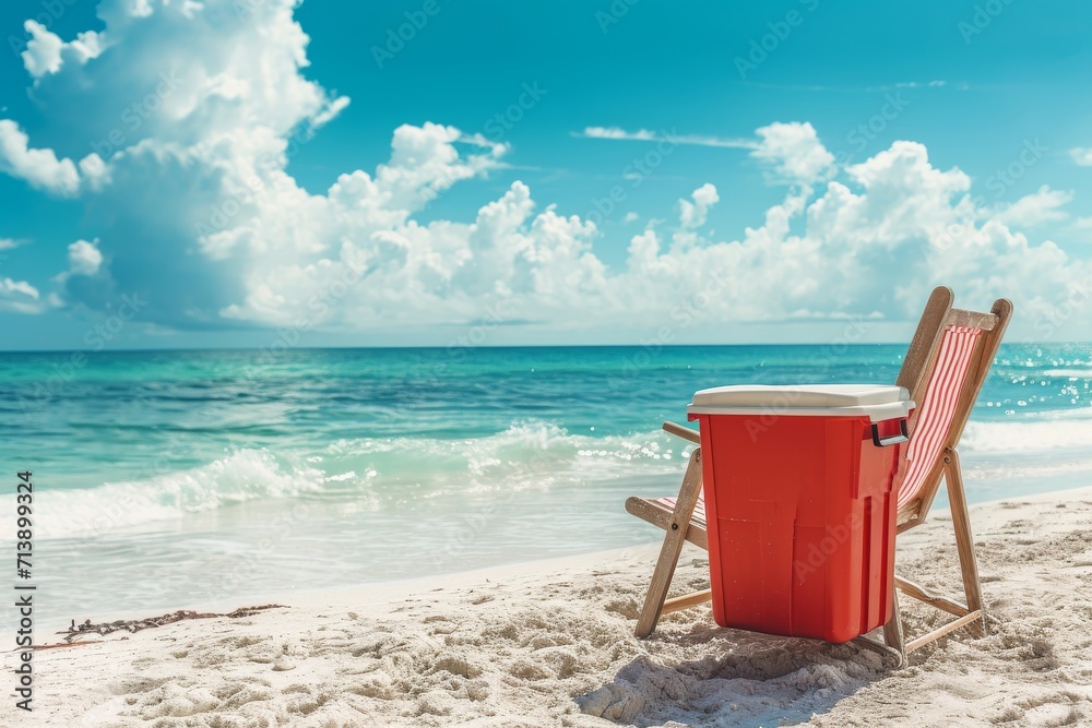 wooden armchair is placed on the white sandy beach offering a perfect spot for relaxation wooden armchair is placed on the white sandy beach offering a perfect spot for relaxation