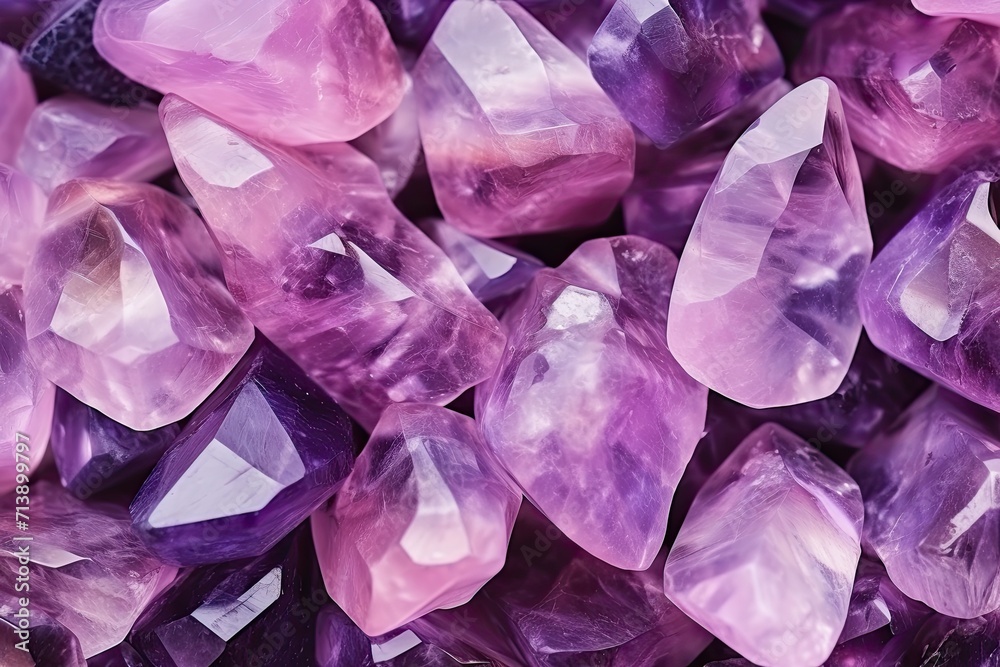 Amethyst pink crystals in a seamless background with shiny surface Amethyst pink crystals in a seamless background with shiny surface