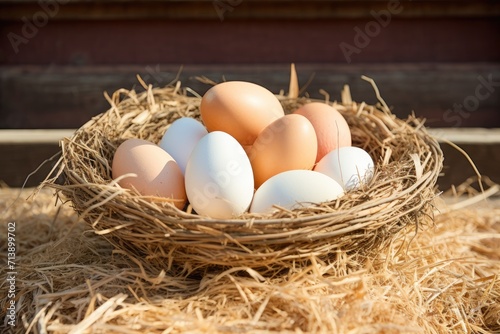 Eggs on hay in chicken farm