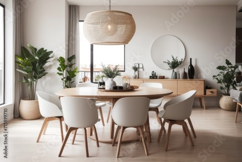 scandinavian interior home design of modern dining room with chairs and wooden round table with home decoration