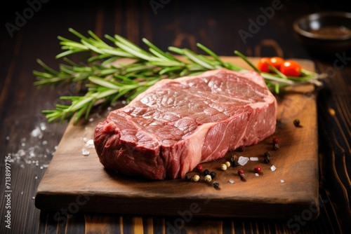 Rosemary-infused steak on wooden table.
