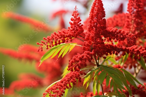 Blooming sumac plant with cone shaped flowers in summer