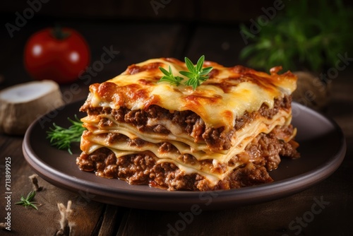 Classic Italian lasagna with ground meat and cheese On a wooden backdrop