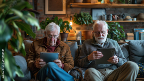 Two senior men focused on using digital tablets while sitting in a comfortable, plant-filled living room together.