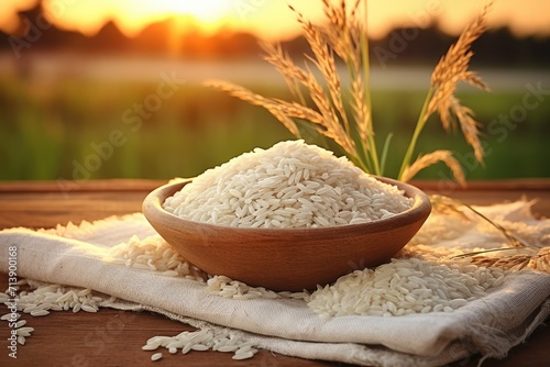 Healthy rice grains with sunset rice field backdrop and burlap sack on wooden table photo