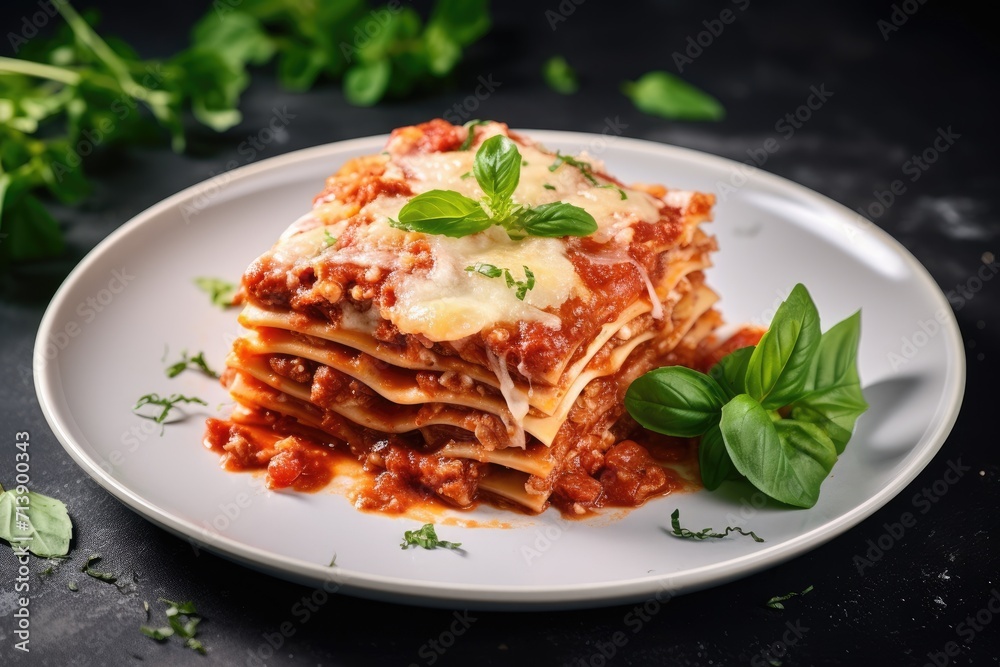 Italian meat lasagna with basil parmesan cheese top view on white wooden table
