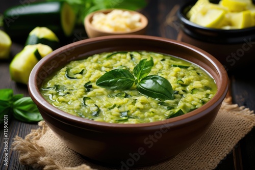 Rice, spinach, and zucchini in a bowl, served as soup.