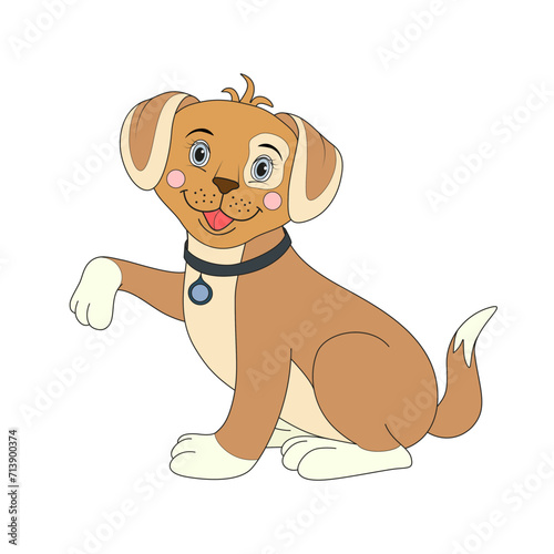 Happy cartoon puppy sitting  Portrait of cute little dog wearing collar. Dog friend. Vector illustration. Isolated on white background.