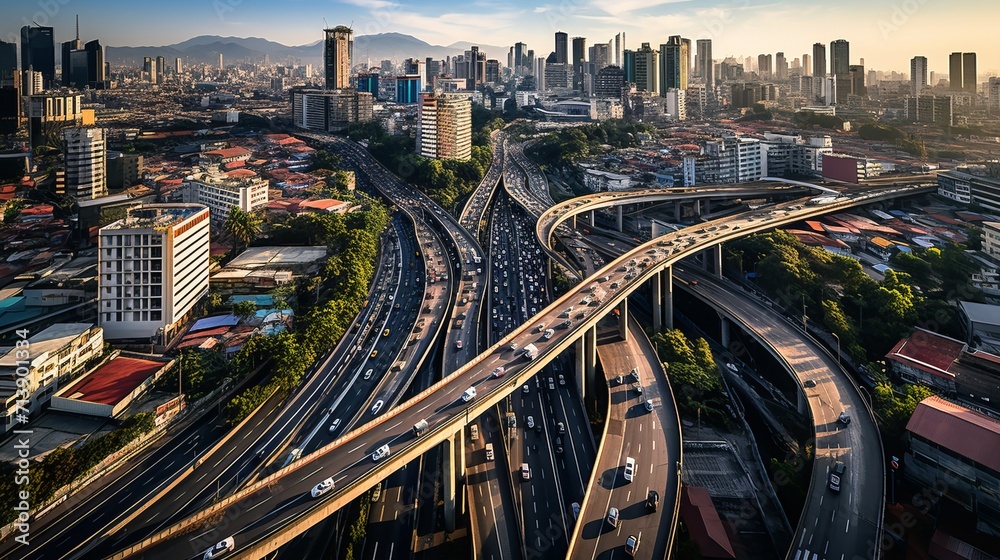 Top view of expressway with heavy traffic, a vital infrastructure in megalopolis