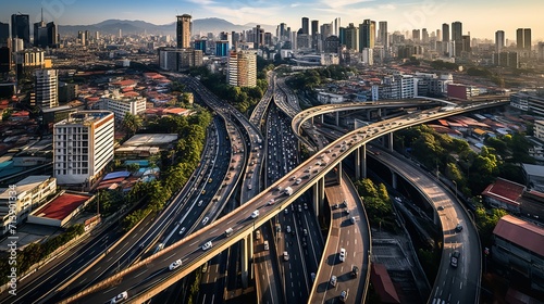 Top view of expressway with heavy traffic, a vital infrastructure in megalopolis