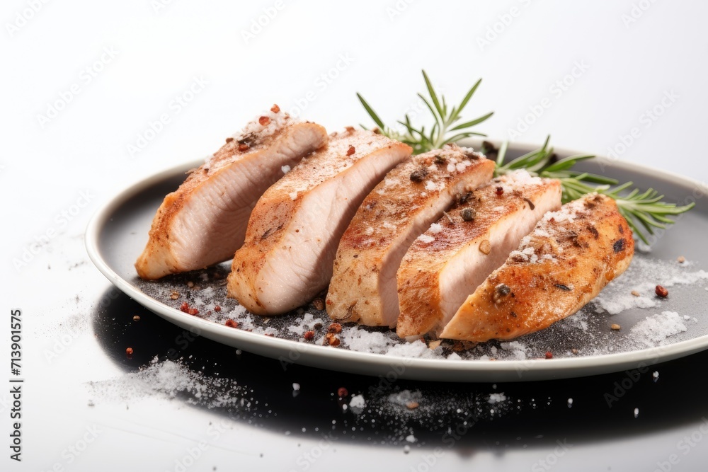 Grilled chicken breast with black pepper and salt isolated on white Grilled chicken breast with black pepper and salt isolated on white