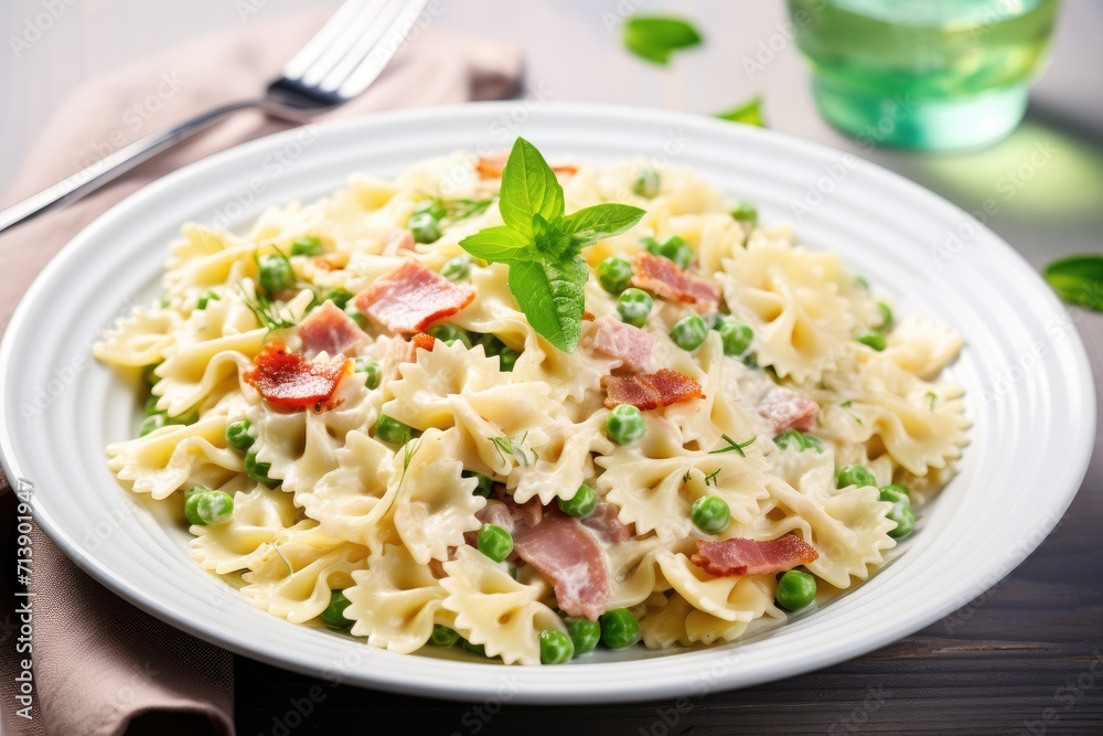 Italian pasta on a white plate topped with green peas turkey ham and parmesan in a cream sauce Italian pasta on a white plate topped with green peas turkey ham and parmesan in a cream sauce