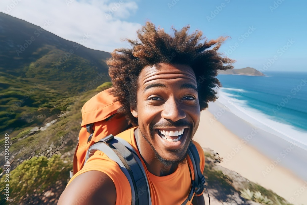 African Young man with a backpack taking a selfie on a mountain