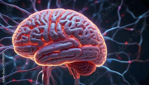 Dynamic 3D Brain, Neon Lines Illuminate Neural Network Connections.