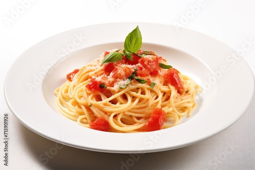 Italian pasta with sauce parmesan cheese on a white oval plate