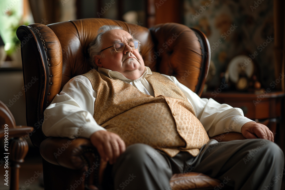 Elderly Man Napping in an Ornate Armchair