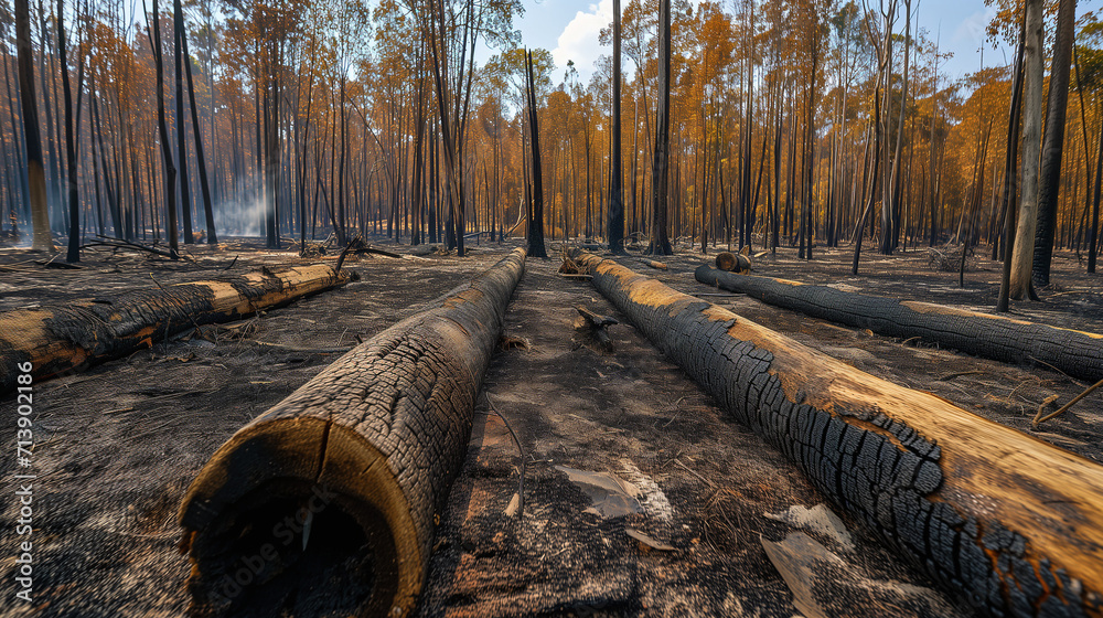 Burned down forest after forest fire. Scorched earth and trees. Burned down forest after forest fire. Scorched earth and trees.