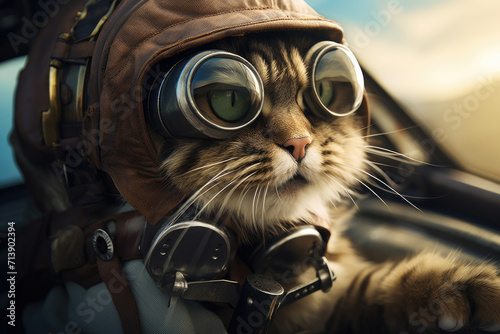 Cute cat in a pilot suit is flying a plane