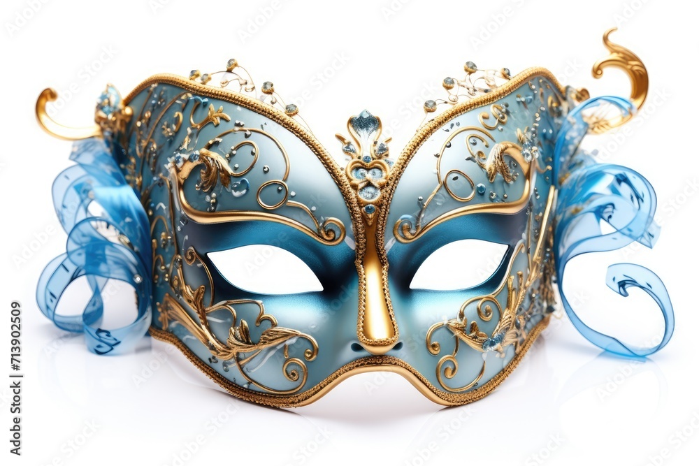 Isolated on a white background, a blue Venetian theatre mask adorned with gold decorations and musical notes.