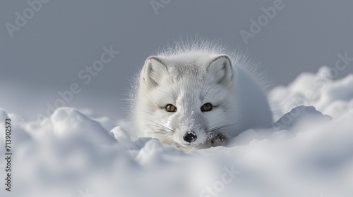 Arctic fox running and pouncing in the thick snow