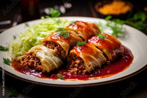 Delicious holubtsi: stuffed cabbage rolls with beef, rice, and veggies, served with cranberry sauce. Generative AI