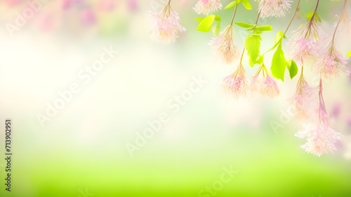 A branch of blooming pink flowers in spring and a blurred background.