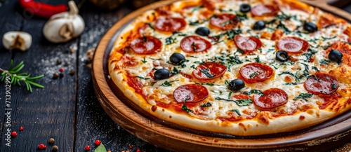 A mouth-watering californiastyle pizza topped with savory pepperoni, tangy olives, and gooey cheese, served on a rustic wooden platter in a cozy indoor setting photo