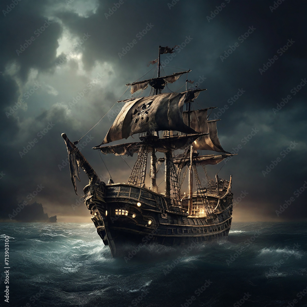 Obraz premium A historic black pirate ship at sea ai generative art