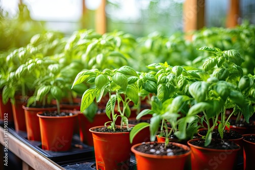 Organic vegetables and herbs are produced through home gardening  with basil and tomato plants grown together in a greenhouse.