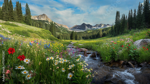 A mountain stream with Wildflowers in the spring.