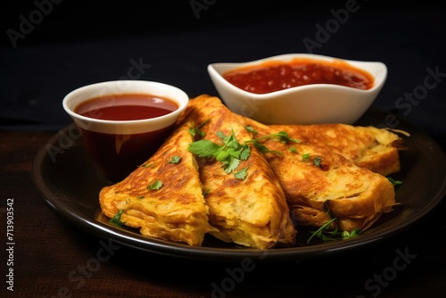 Quick and easy Indian breakfast: bread slices soaked in spiced egg batter, fried, and served with ketchup and tea.