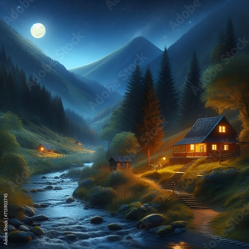  House in the mountains of Alps on a moonlit night .