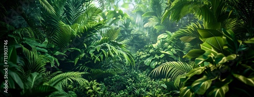 An enchanting jungle oasis filled with lush ferns and towering trees, beckoning for exploration and evoking a sense of tranquility and wonder in its verdant surroundings photo